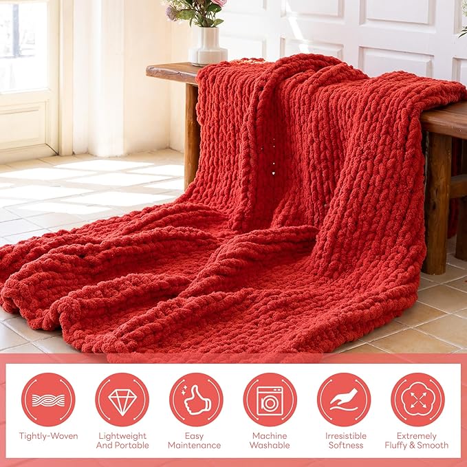 Chunky Knit Blanket - Luxury Soft Cozy 60 * 80 Throw Blanket,100% Woven Blanket Rope Knot Throw Blanket for Couch, Sofa, Home Decor, Gift - Machine Washable（Wine red）
