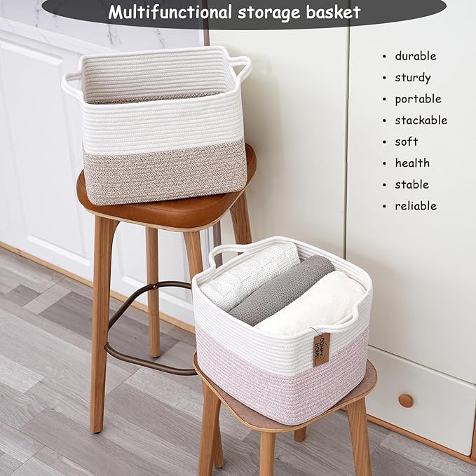 COMFY-HOMI Cotton Rope Woven Basket with Handles for Shelves,Toys,Book, Cloth Storage Baskets for Organizing-13.5" x 11" x 9.5" Toy Decorative Organizer for Living Room, Bathroom （White/Brown）