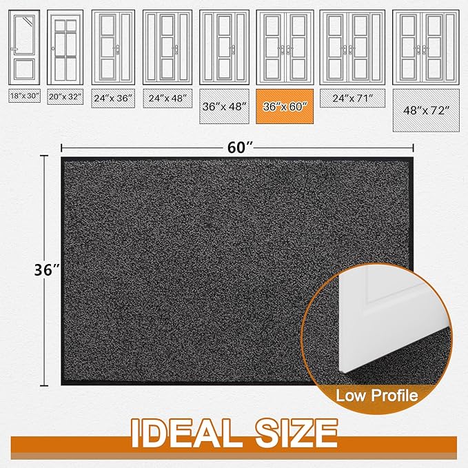 Mibao Front Door Mat, Dirt Trapper Welcome Mat for Outdoor Indoor, Non-Slip Waterproof Doormat, Durable Machine Washable Low Profile Entry Rug for Back Door Outside Patio Porch, 60" x 36", Grey