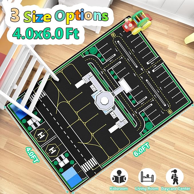 Kids Rug, Road Carpet for Kids with Combined City Road Traffic System, Car Rug and Airport Play Mat, 4x6 Ft Children’s Play Rugs for Playroom, Children’s City Traffic Map Fun Car Mat,Non-Slip
