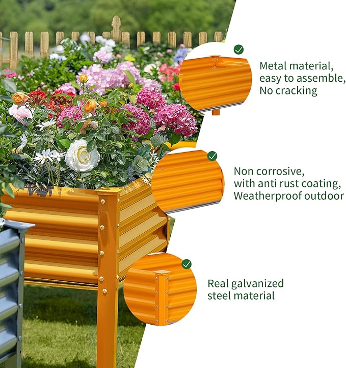 Land Guard Galvanized Raised Garden Bed with Legs, 96×24×32in Raised Garden Beds Outdoor with Drainage Holes, Planter Boxes Outdoor for Backyard, Patio, Balcony, 800lb Capacity, Cream Yellow
