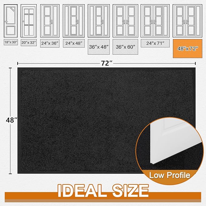 Mibao Dirt Trapper Door Mat for Indoor Outdoor, Waterproof All-Season, All-Weather Doormat, Heavy Duty Non-Slip Entrance Rug, Low Profile Absorbent Entrance Mat Carpet, 72" x 48", Black