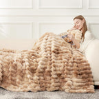 Cozy Bliss Faux Fur Throw Blanket for Couch, Cozy Warm Plush Striped Blanket for Sofa Bedroom Living Room, 60 * 80 Inches Tie-dye Kahki