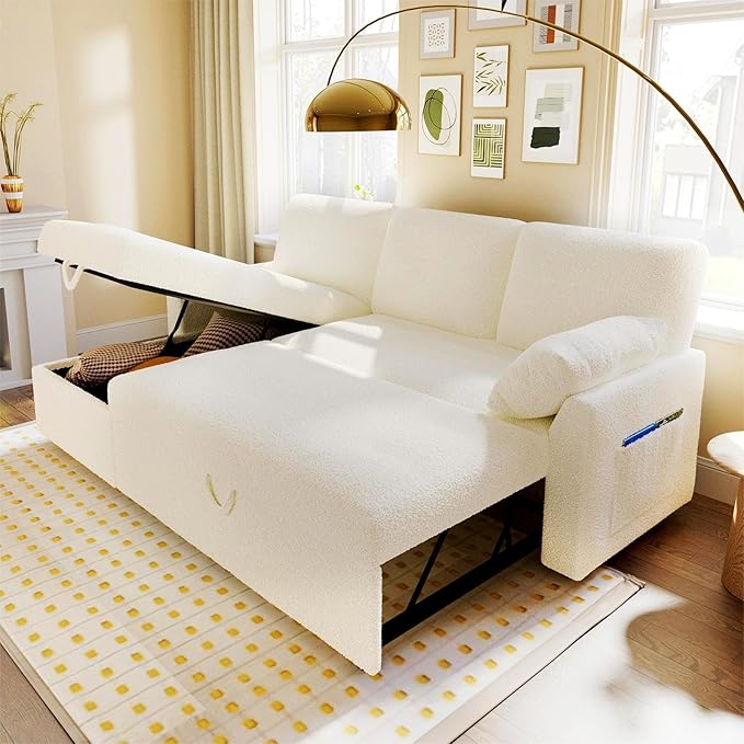 VanAcc Sofa Bed, Sleeper Sofa- 2 in 1 Pull Out Couch Bed with Storage Chaise for Living Room, White Sherpa 84in x 59in x 39in
