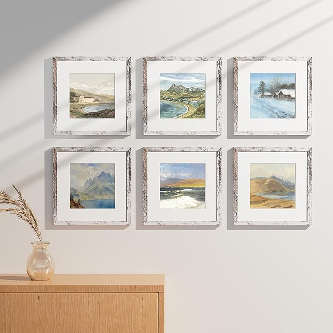Vittanly 12x12 Picture Frames Set of 9, Shatter Resistant Plexiglass, Display 8x8 Pictures with Mat or 12x12 without Mat, Photo Frames for Wall Mount, Engineered Wood, Distressed White