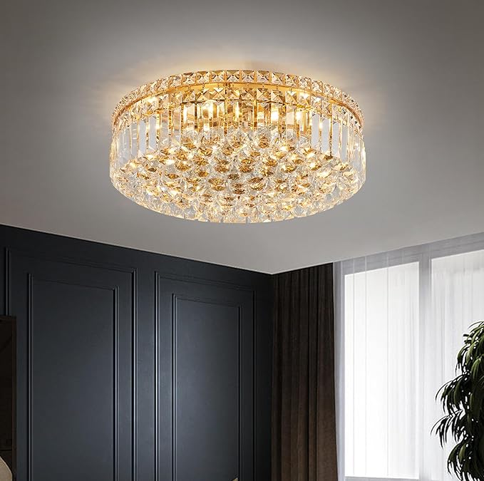6-Lights Gold Crystal Flush Mount Chandelier Light Fixture K9 Crystals Modern Ceiling Lights Elegant Pendant Lamp for Bedroom,Hallway,Bar,Living Room,Dining Room,H5.9 xW20 (Bulbs Not Included)