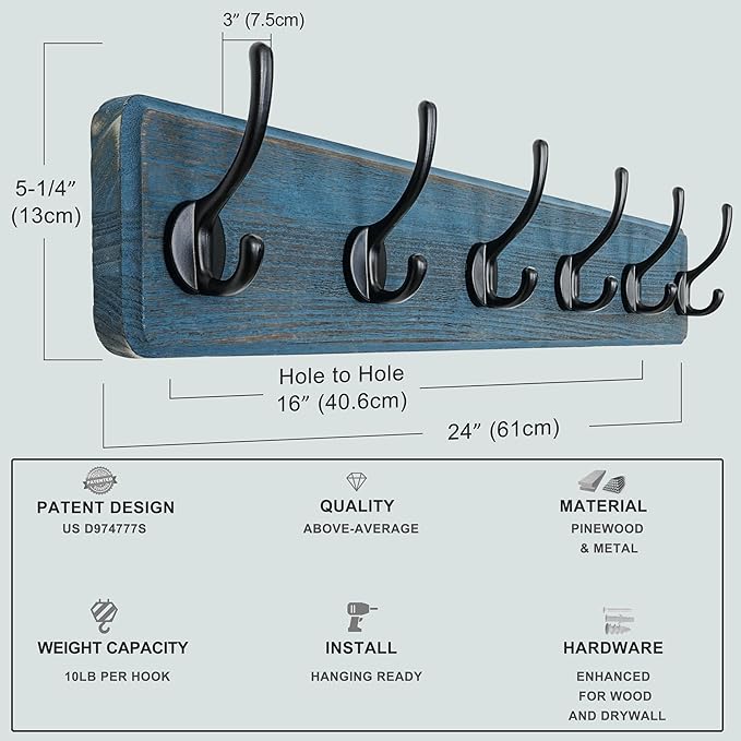 Dseap Coat Rack Wall: 24" Long, Patented, Heavy-Duty, 6-Double-Hooks Wooden Wall Mounted Coat Rack Coat Hanger Hook Rail for Winter Coats Hat Jacket Clothing, Weathered Blue