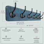 Dseap Coat Rack Wall: 24" Long, Patented, Heavy-Duty, 6-Double-Hooks Wooden Wall Mounted Coat Rack Coat Hanger Hook Rail for Winter Coats Hat Jacket Clothing, Weathered Blue, Pack of 2