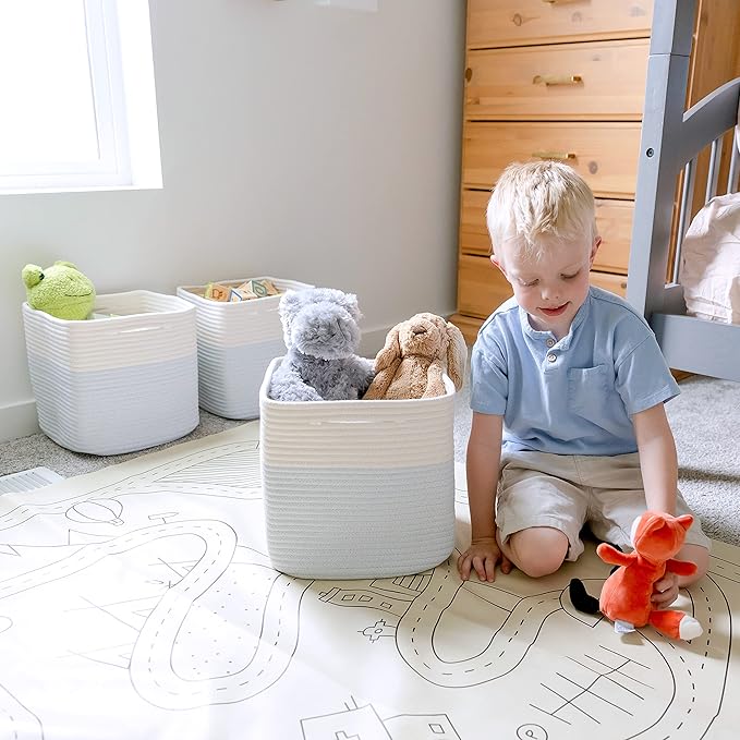 NaturalCozy Storage Cubes 11 Inch Cotton Rope Woven Baskets for Organizing, 3-Pack | Cube Storage Bin | Square Storage Baskets for Shelves Organizer, Classroom, Kids Toy Bins, Closet, Baby Nursery