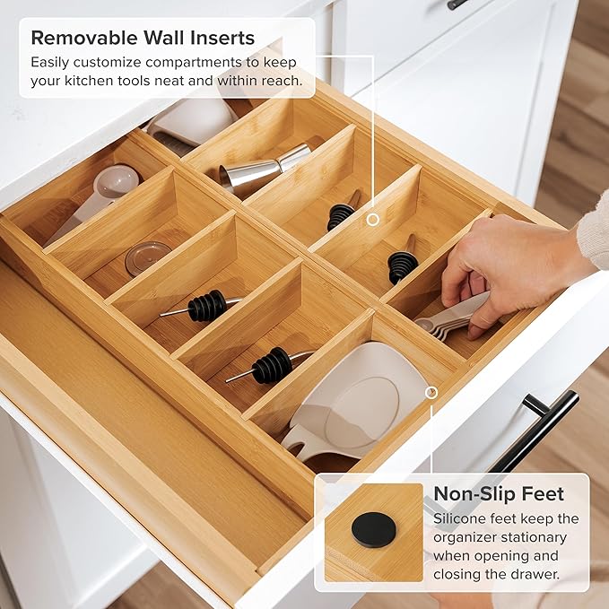 Premium Kitchen Utensils and Junk Drawer Organizer – Small 5-Compartment Design with 4 Removable Dividers, Non-Slip Feet, 100% Sustainable Bamboo