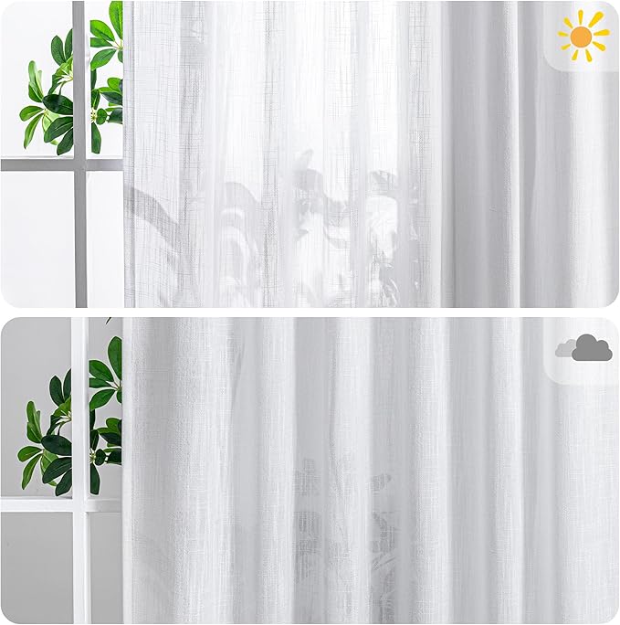 MYSKY HOME White Curtains 95 Inches Long Semi Sheer Drapes Light Filtering for Sliding Glass Door Window Treatments Soft Cotton Blend Panels Linen Look Farmhouse Style, 100" x 95", 1 Piece