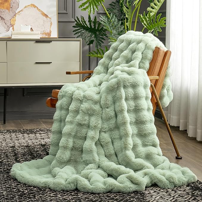 Cozy Bliss Faux Fur Throw Blanket for Couch, Fuzzy Soft Plush Thick Bubble Blanket for Sofa Bedroom Living Room, 50 * 60 Inches Sage Green