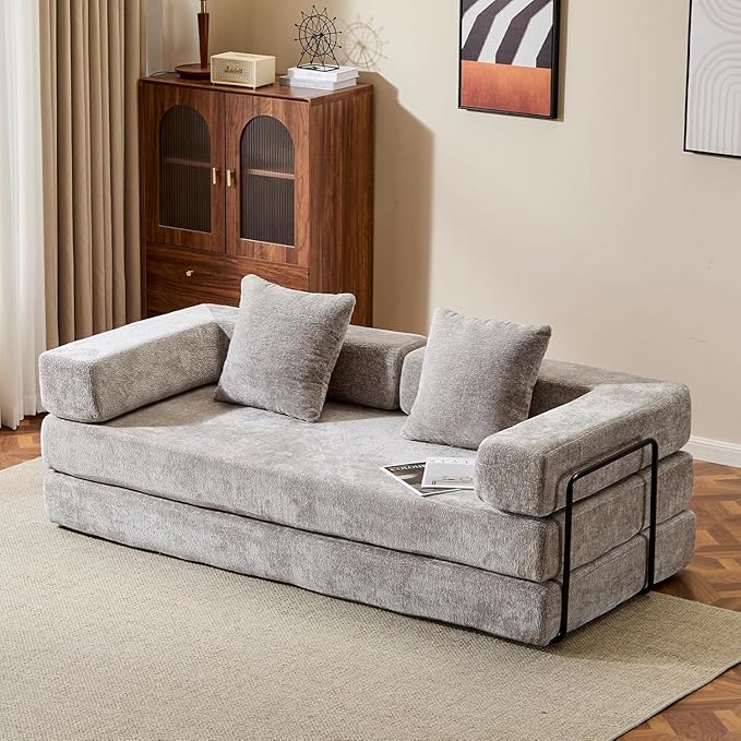 Convertible Sleeper Sofa Bed, Compression Folding Sofa with Pillow, No Assembly Required, Shape Frame, Floor Sofas Lounge Couchs for Living Room, Bedroom, Small Spaces(Chenille, 77''W, Light Grey)