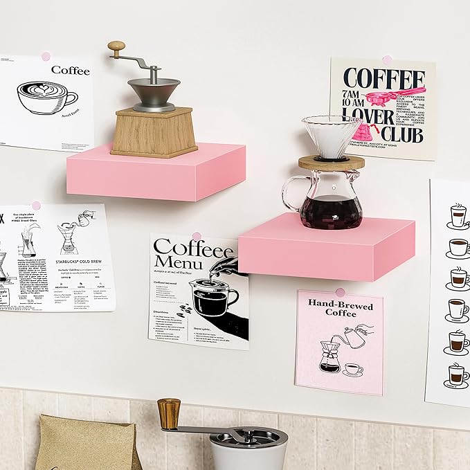 BAMEOS Pink Floating Shelves for Wall, 6" x 6" Wall Shelves for Room, Floating Book Shelves, Hanging Shelves for Bedroom, Bedroom, Living Room, Kitchen (Set of 2)