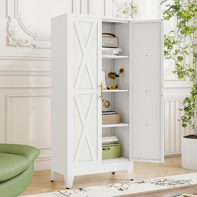 61" H Metal Kitchen Pantry Storage Cabinet, Freestanding Cupboard with 2 Doors and 3 Adjustable Shelves, Standing Storage for Kitchen, Bathroom, Garage, Dinning Room or Utility Room（White）