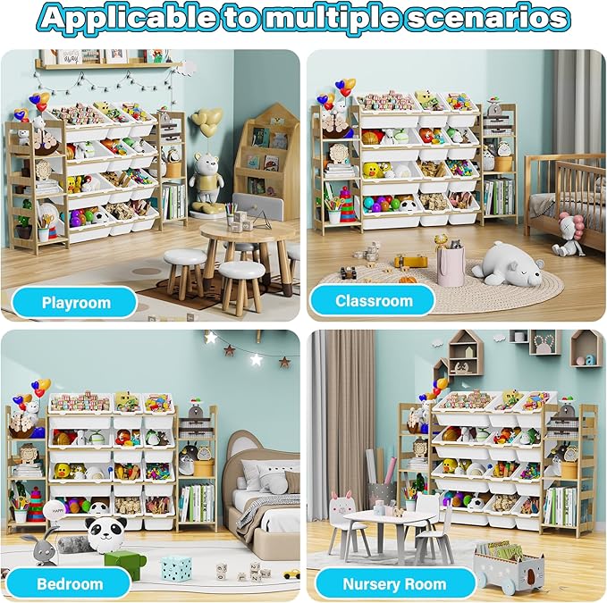 Toy Storage Organizer, with 4-Tier Toy Shelf and 12 Bins, Kids Bookshelf and Toy Storage with 6 Shelves for Kids Room Bedroom Playroom Nursery Room