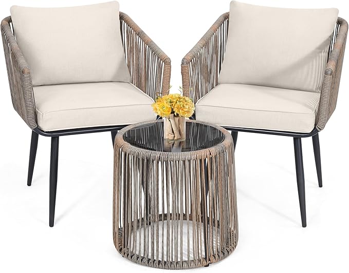 Kromax 3 Pieces Patio Rattan Bistro Conversation Set, Outdoor All-Weather Wicker Furniture Chairs and Side Table Set Ideal for Balcony, Porch and Backyard, Beige