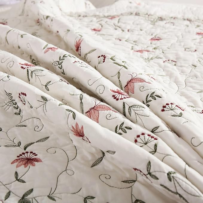 MarCielo 3-Piece 100% Cotton Oversized Bedspread Lightweight Quilt Coverlet Embroidery Farmhouse Bedding Set (TC Soft White,Oversized Queen (100"x106"))