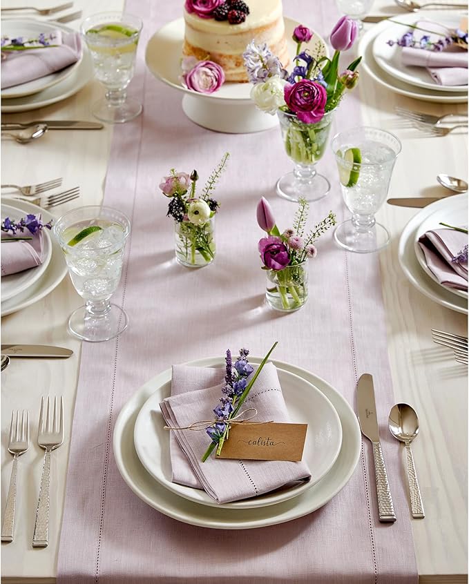 Solino Home Linen Table Runner 60 Inches - 100% Pure Linen Lilac Hemstitch Table Runner 14 x 60 Inch Ideal for Dresser and Coffee Tables - Classic Hemstitch