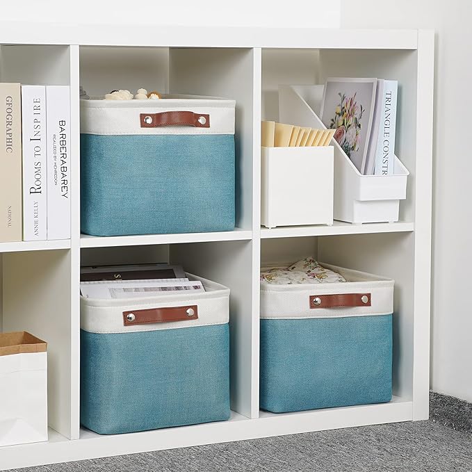 DULLEMELO Storage Baskets for Shelves, Fabric Collapsible Rectangular Storage Bins for Shelves, Closets, Nursery, Home, Empty Gift Baskets (3-Pack Medium-15 inch X 11 inch X 9.5 inch , White&Teal)