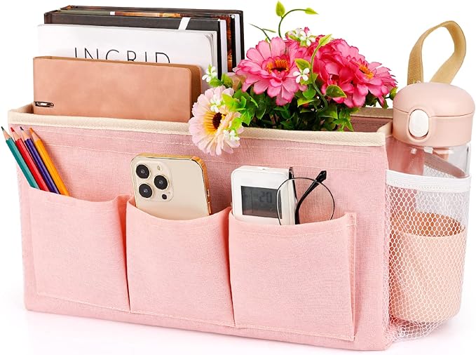 Bedside Organizer with Fixed Straps and Water Bottle Holder for Home, College, Dorm, Bunk, Hospital, Crib, Bed Rails - Pink