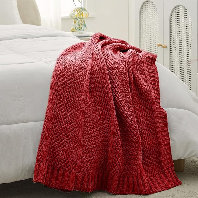 Amélie Home Chenille Knit Throw Blanket for Couch, Chevron Texture Decorative Soft Blanket for Sofa, Bed & Chair, 50"x60", Red