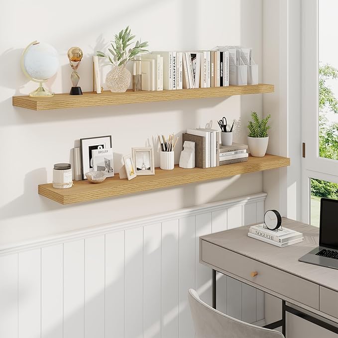 Fun Memories 55 Inch Fireplace Mantel Shelf -Long Floating Shelves, Deep Wall Mounted Farmhouse Display Shelves with Invisible Heavy Duty Metal Bracket, Oak, 2 Pack
