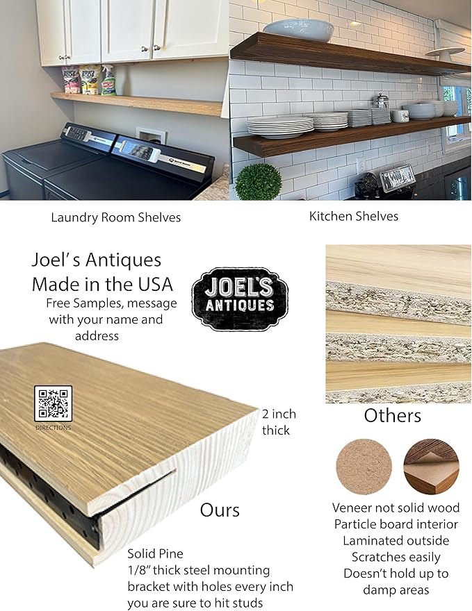 joelsantiques 42 Inch Wooden Floating Shelves for Wall - 42x6x2 in - Made of Natural Wood - Long Heavy Duty Rustic Wall Shelves for Bedroom - Perfect for Living Room, Kitchen - Natural