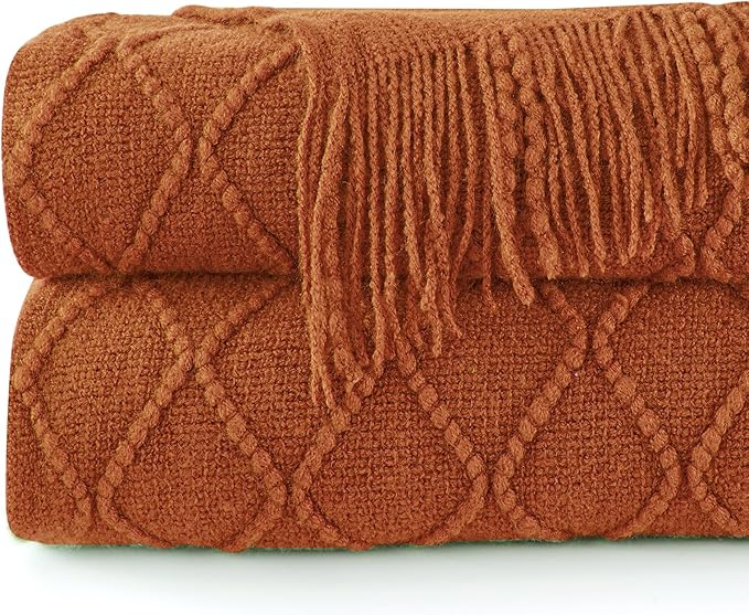 inhand Knitted Throw Blankets for Couch and Bed, Soft Cozy Knit Blanket with Tassel, Orange Rust Lightweight Decorative Blankets and Throws, Farmhouse Warm Woven Blanket for Men and Women, 60"x80"