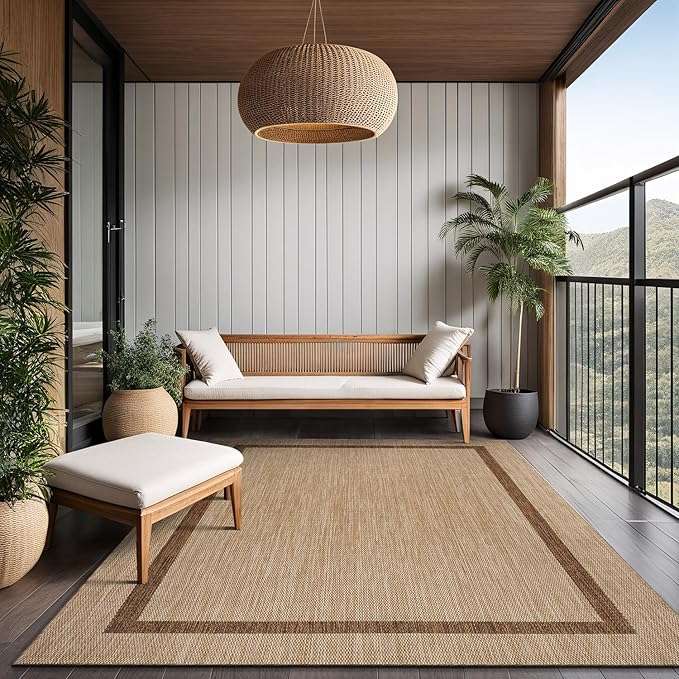 Bordered Outdoor Rug 6x9 Washable Outside Carpet for Indoor Patio Porch Waterproof Easy Cleaning Non Shedding Area Rugs Jute Beige - Nut Brown 6 x 9