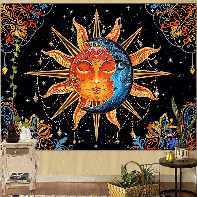 Lunerfex Sun and Moon Tapestry Mandala Wall Tapestry, Cute Tapestries for Bedroom Ceiling Tapestries Wall Hanging for Bedroom Living Room Decor Sun-1 44"x60"
