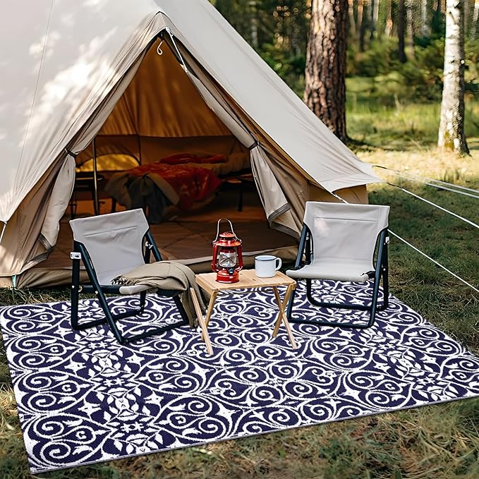 OLANLY Outdoor Rug Waterproof 5x8 ft Clearance, Reversible Outdoor Plastic Straw Rug with Floral Pattern, RV Mat for Patio, Camping, Balcony, Deck, Backyard, Navy & White