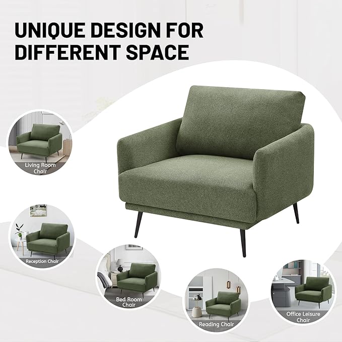 Oversized Accent Chair for Living Room Chairs Reading Arm Chair Comfy Modern Single Sofa Side Chairs with Metal Legs & Soft Cushion for Bedroom, Balcony,Waiting Room (Polyester, Moss Green)