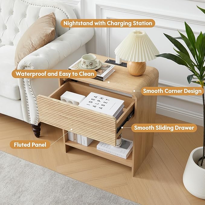 Fluted Nightstand with Charging Station, Mid Century Modern Bed Side Table End Table with Drawer Storage, Large Wooden Night Stands Bedside for Bedroom Living Room Sofa Office, Natural