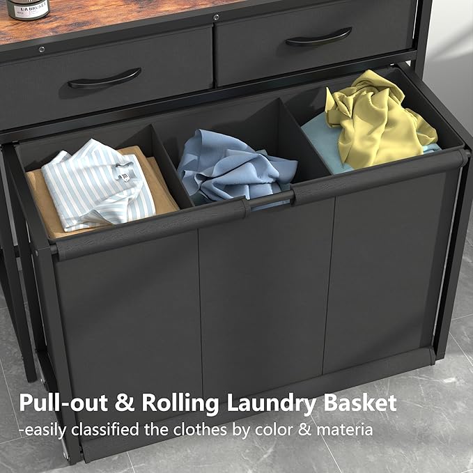 Laundry Hamper Laundry Basket with 3 Section Pull-Out Rolling Bags, Laundry Sorter for Organization and Storage with 2 Pull-Out Drawers for Laundry Room, Bathroom, Bedroom Use (Rustic Brown)
