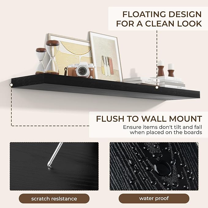 RICHFOCUS 55Inch Floating Shelves for Wall 1 Pack Shelves for Bedroom|Kitchen|Bathroom Wall Mounted Rustic Wood Floating Shelf with Invisible Brackets for Books|Storage|Decor, Black