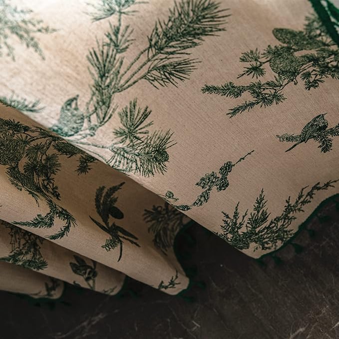 Sutuo Home Boho Curtain 84 Inches Length for Bedroom, Printed Cotton Linen Rod Pocket Semi Blackout Farmhouse Bohemian Tassels Window Treatment for Living Room, 1 Panel 59" W x 84" L, Green Forest