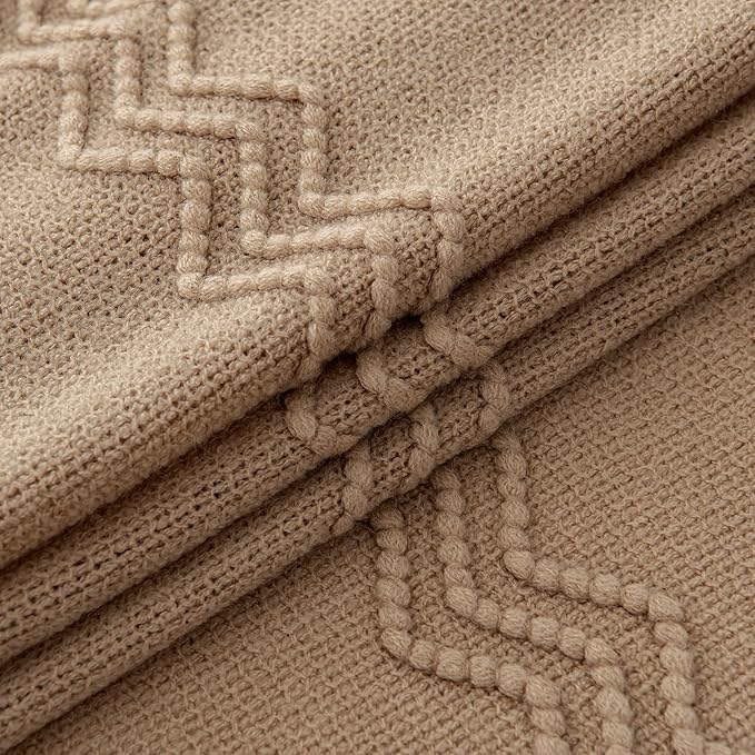 MIULEE Tan Taupe Knitted Throw Blanket for Couch Boho Textured Cozy Woven Blanket with Tassels for Sofa Chair Bed Living Room Farmhouse Home Decor Acrylic Wave Pattern 50"x60"