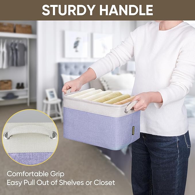 BALEINE 3 Pack Fabric Storage Bins for Shelves, Linen Storage Baskets for Organizing, Decorative Closet Bins for Clothes, Home (Lavender, 12"x8"x8")