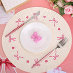 Whaline 4Pcs Round Placemats White Pink Bow Embroidered Place Mats Coquette Bowknot Heart Dinner Table Mats for Home Wedding Baby Shower Birthday Party Decor