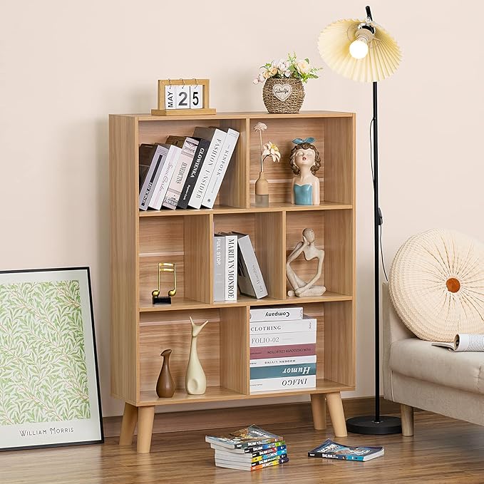 LEYAOYAO Wooden 7 Cube Book Shelf, Natural 3 Tier Bookshelf with Legs, Modern Open Storage Organizer,Boho Bookcase,Display Cabinet Shelf Free Standing Bookshelves for Bedroom,Living Room,Office