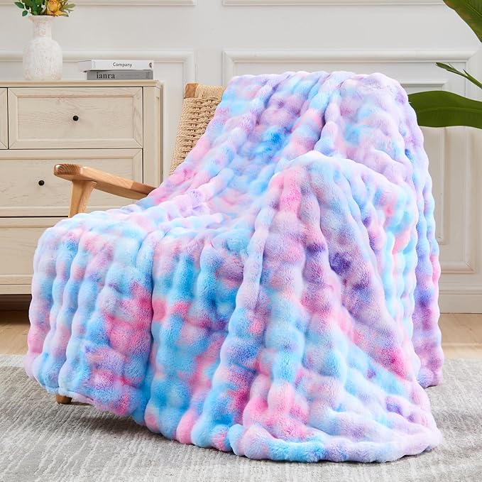 NEWCOSPLAY Faux Fur Throw Blanket Purple Rainbow Luxury Fluffy Thick Warm Bubble Blanket for Couch Sofa Bed 700GSM (Purple Rainbow, Throw(50"x60"))