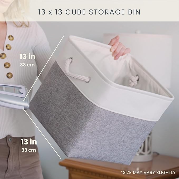 OrganiHaus 13x13 Cube Storage Bins 4 Pack, Foldable Cube Storage Organizer w/ Rope Handles, Collapsible Fabric Bins for Toys, Clothes & Closet Organization, Fabric Square Baskets - Beige/White
