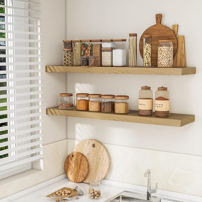 RICHFOCUS 48Inch Floating Shelves for Wall 1 Pack Shelves for Bedroom|Kitchen|Bathroom Wall Mounted Rustic Wood Floating Shelf with Invisible Brackets for Books|Storage|Decor, Oak