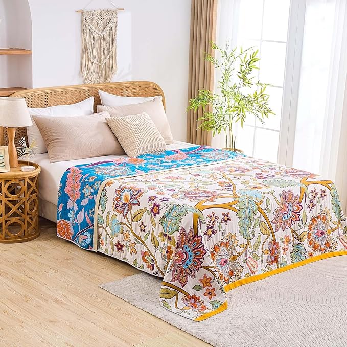 Boho Throw Blanket for Bed, 100% Cotton Soft Rustic Quilt Fall Blanket, 90"x98" Floral Printed Farmhouse Decor Bed Blankets, All Season Rustic Reversible Bohemian Throw Quilt