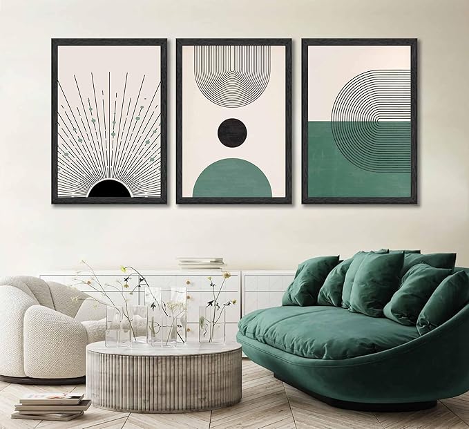 3 Pcs Sage Green Boho Canvas Wall Art Modern Abstract Minimalist Neutral Bohemian Sun Geometric Line Painting Picture Wall Decor Poster Print Artwork for Living Room Bedroom Home Decoration Unframed