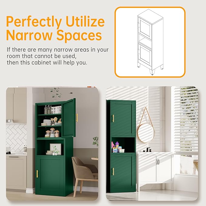 Tall Narrow Storage Cabinet 66.93" H Tall Bathroom Cabinet Metal Pantry Cabinets, 4 Adjustable Shelves for Kitchen, Home Office, Living Room, Dinning Room (20 inches Wide Green)