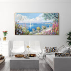 XLSJERST Blue Coastal Wall Art - Ocean Seascape Canvas Yellow Green Flowers Painting Landscape Sailboat Picture Artwork Modern Large Framed for Living Room Bedroom Home Office Decor 20"x40"