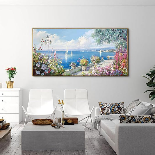 XLSJERST Large Coastal Wall Art - Ocean Seascape Canvas Yellow Green Flowers Painting Landscape Sailboat Picture Artwork Modern Large Framed for Living Room Bedroom Home Office Decor 58x29 Inches