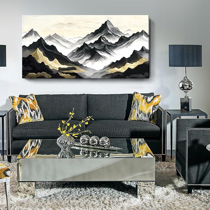 amatop Oversized Wall Art for Living Room Modern Extra Large Abstract Inspirational Mountain Black Gold Canvas Print Landscape Artwork Zen Scenery Picture for Bedroom Office Horizontal Decor 58x29 Inch